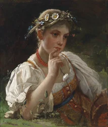 Niña en traje con corona de flores